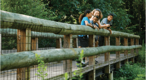 family on bridge smiling