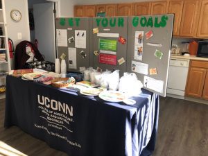 table with cups, plates and poster board