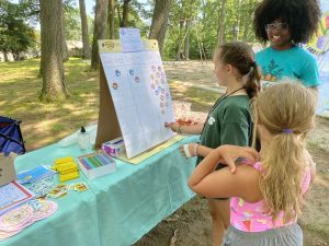 woman helping two girls identify new foods they tried