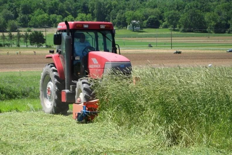 Red tractor mowing field of grass