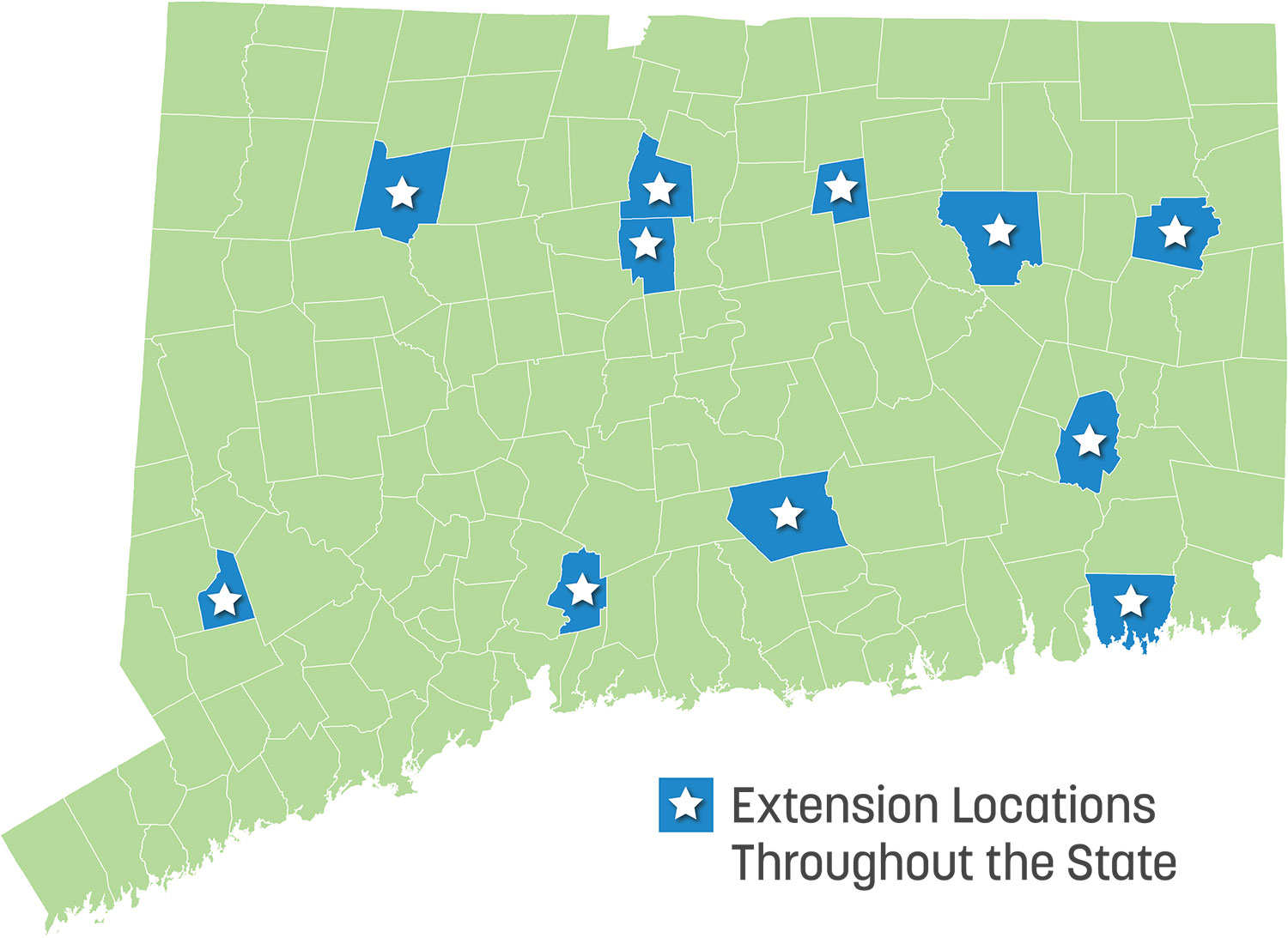 Extension locations throughout the state starred on a map of Connecticut.