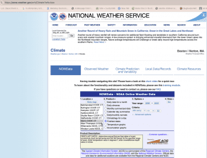 A screenshot of the national weather service website of the "Climate' tab, secifically for Boston/Norton, MA. The screen currently shows the NOWData window, where multiple inputs allow the user to refine the climate data they would like to view.