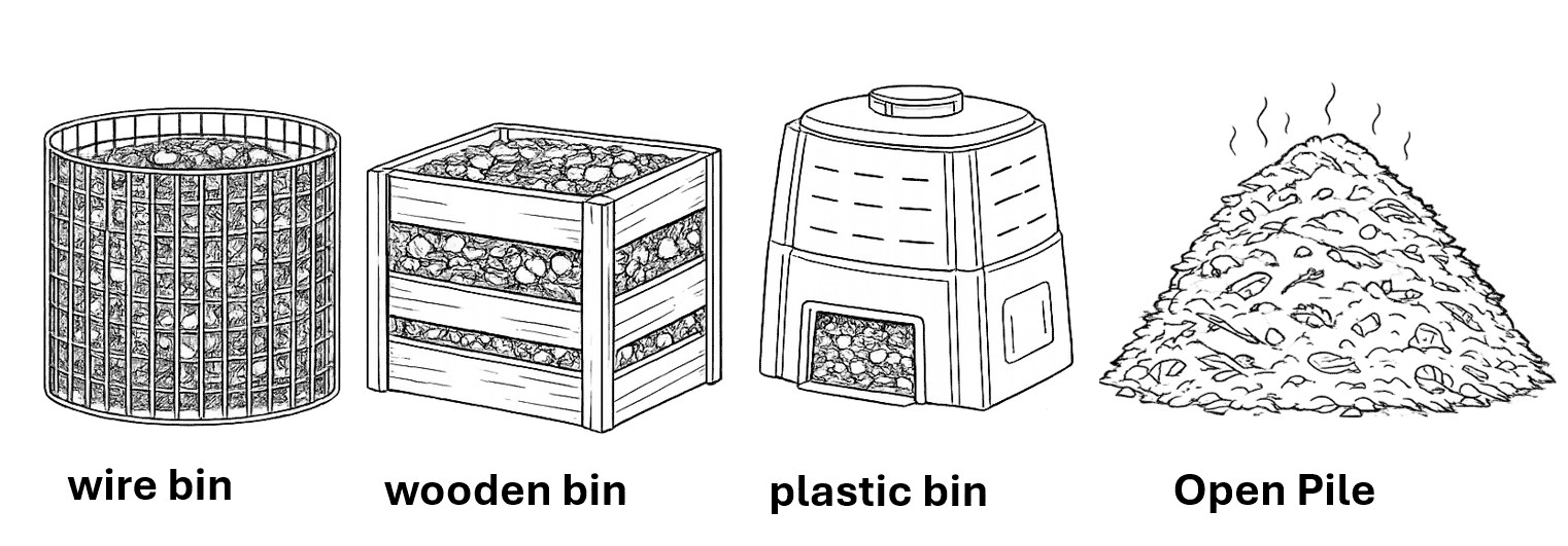 illustration of different types of compost bins, wire bin, wooden bin, plastic bin, and open pile.