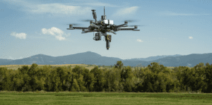 A drone equiped with multiple sensors and pieces of techology hovering over a green field with trees and mountains in the background on a clear sunny day.