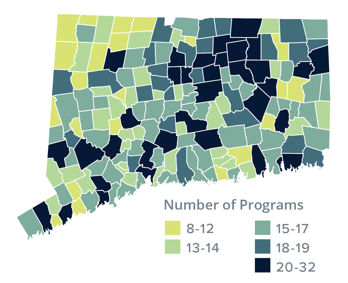 A map of Connecticut showing how many Extension programs have been held in each town.