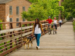 A woman walking her dog and-two bikers on a path.