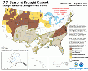 US seasonal drought outlook map showing drought tendency during June 1 through august 31.
