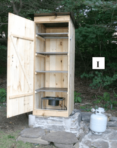 A completed smokehouse connected to a gas tank.